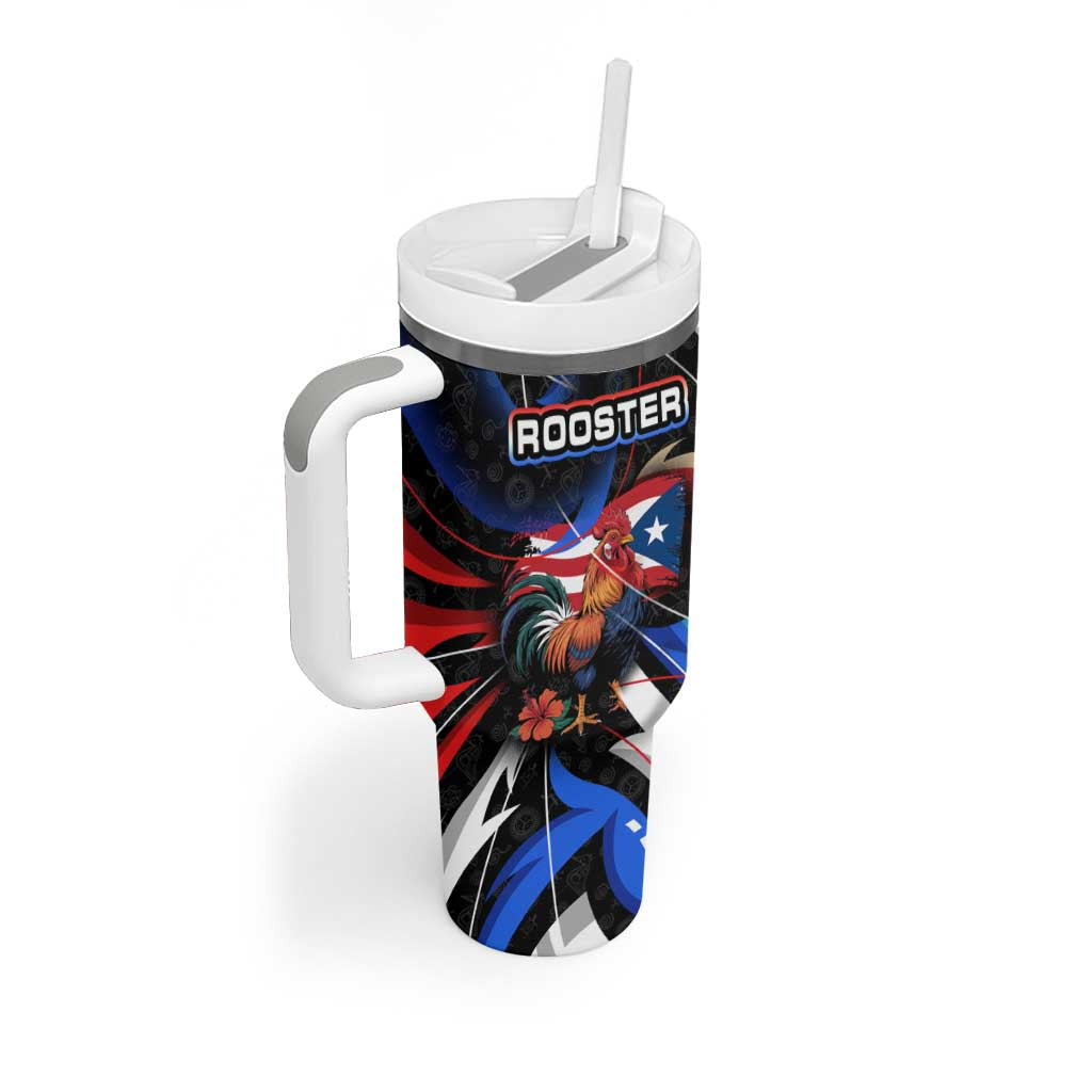 Puerto Rico Rooster Tumbler With Handle with Flag Design and Tropical Hibiscus Flowers