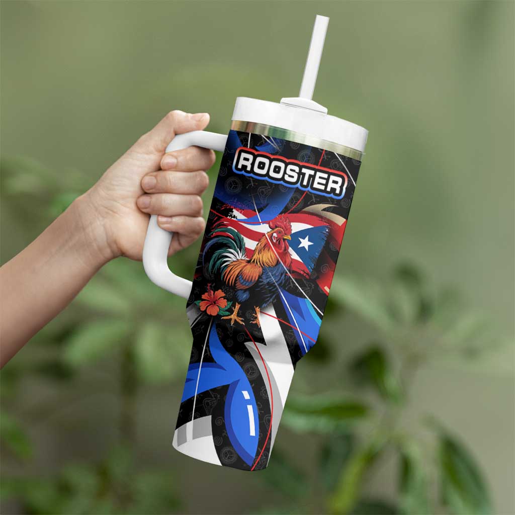 Puerto Rico Rooster Tumbler With Handle with Flag Design and Tropical Hibiscus Flowers
