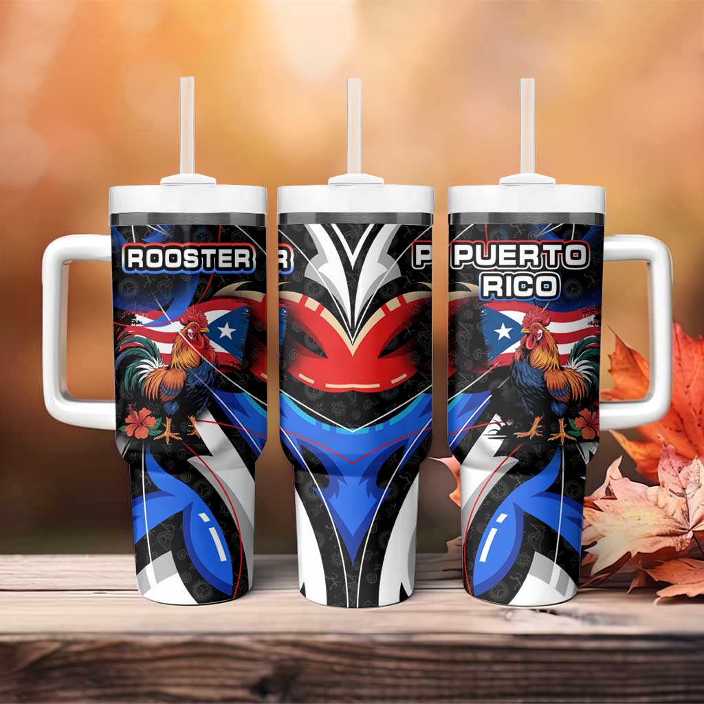 Puerto Rico Rooster Tumbler With Handle with Flag Design and Tropical Hibiscus Flowers