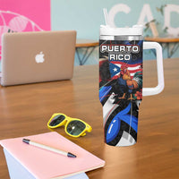 Puerto Rico Rooster Tumbler With Handle with Flag Design and Tropical Hibiscus Flowers