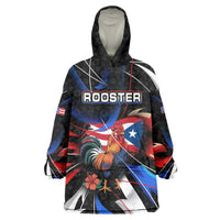 Puerto Rico Rooster Wearable Blanket Hoodie with Flag Design and Tropical Hibiscus Flowers