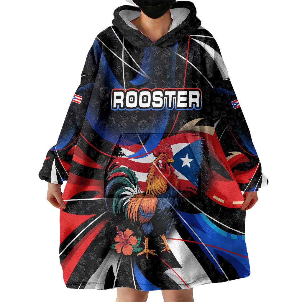 Puerto Rico Rooster Wearable Blanket Hoodie with Flag Design and Tropical Hibiscus Flowers