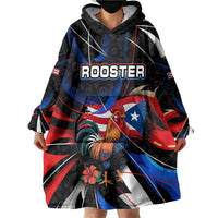 Puerto Rico Rooster Wearable Blanket Hoodie with Flag Design and Tropical Hibiscus Flowers