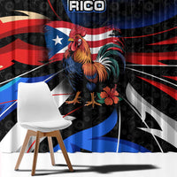Puerto Rico Rooster Window Curtain with Flag Design and Tropical Hibiscus Flowers