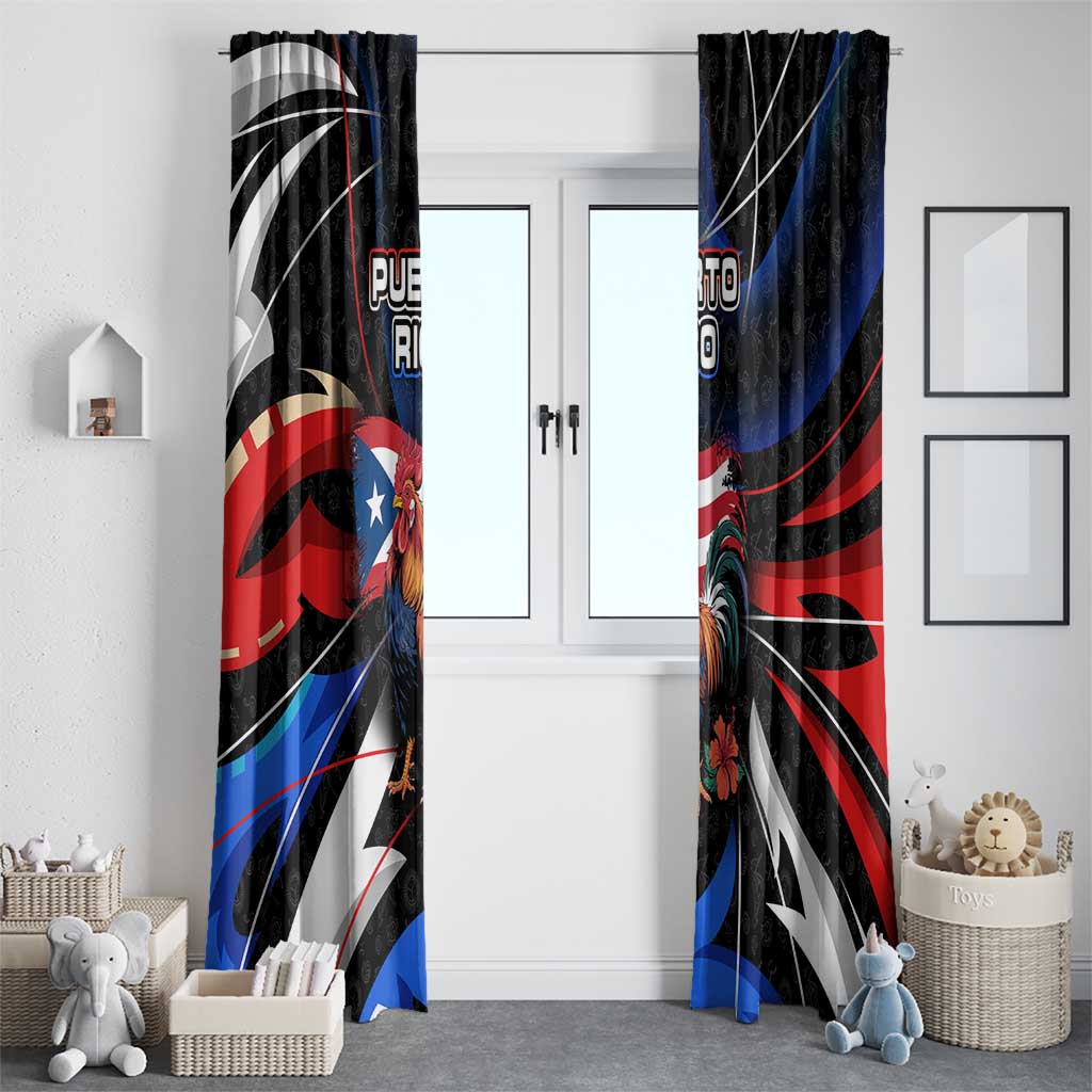 Puerto Rico Rooster Window Curtain with Flag Design and Tropical Hibiscus Flowers