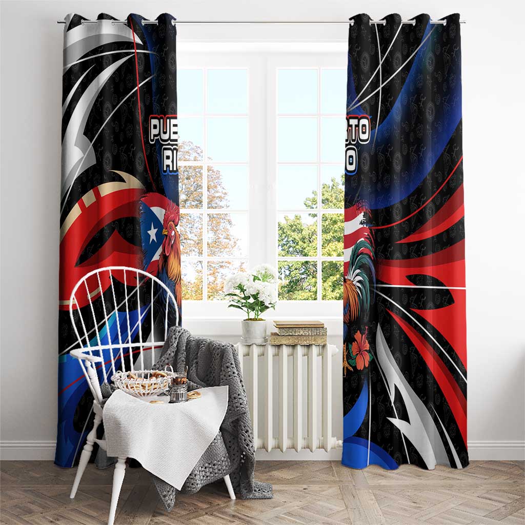 Puerto Rico Rooster Window Curtain with Flag Design and Tropical Hibiscus Flowers