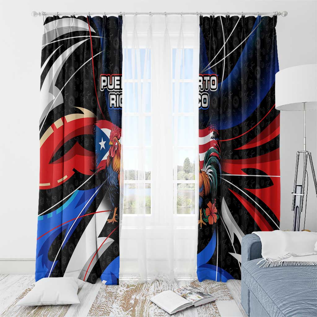 Puerto Rico Rooster Window Curtain with Flag Design and Tropical Hibiscus Flowers