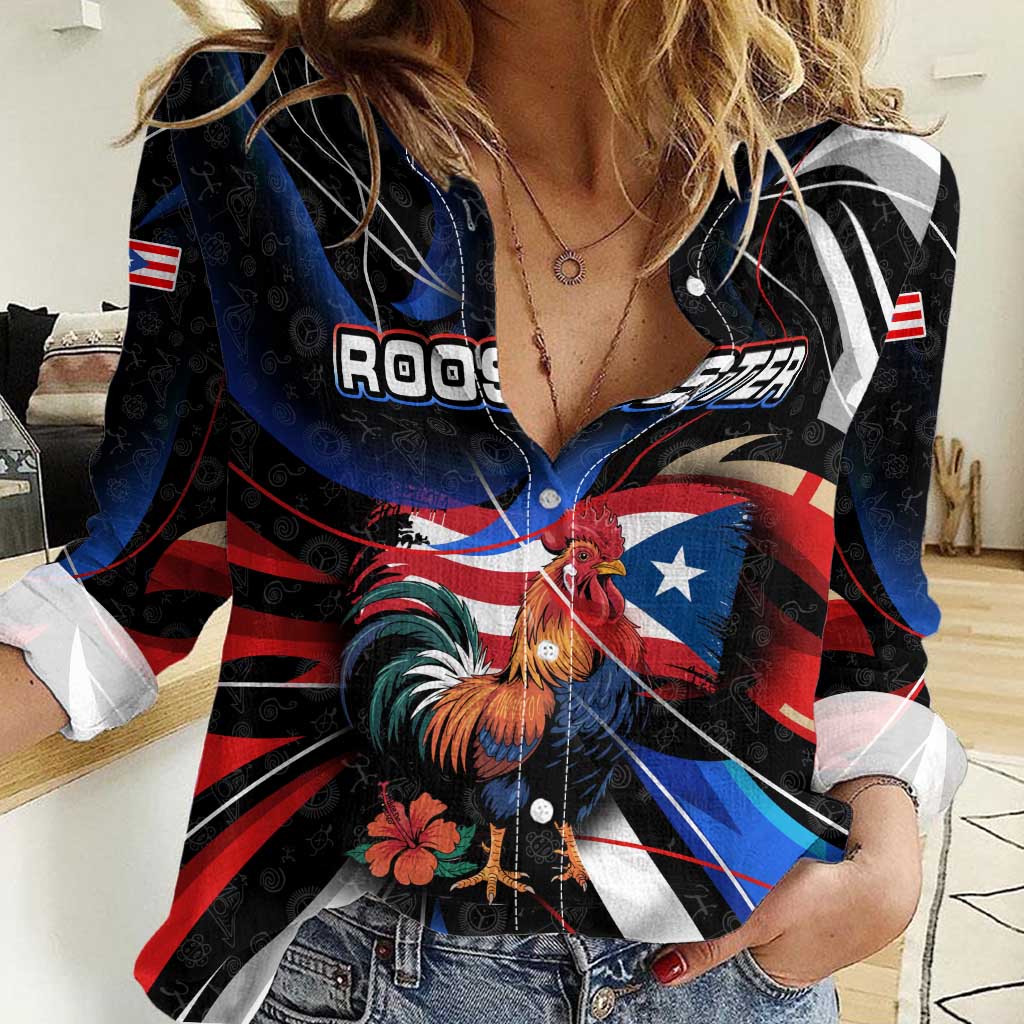 Puerto Rico Rooster Women Casual Shirt with Flag Design and Tropical Hibiscus Flowers