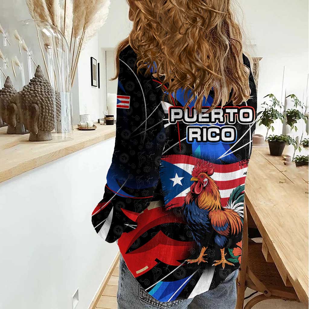 Puerto Rico Rooster Women Casual Shirt with Flag Design and Tropical Hibiscus Flowers
