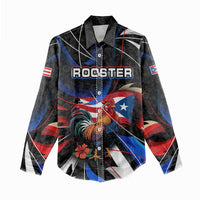 Puerto Rico Rooster Women Casual Shirt with Flag Design and Tropical Hibiscus Flowers