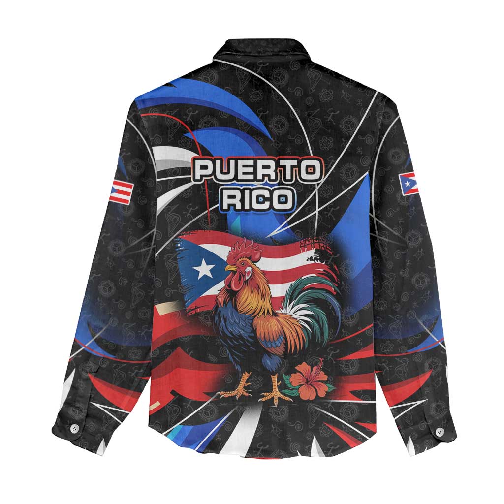 Puerto Rico Rooster Women Casual Shirt with Flag Design and Tropical Hibiscus Flowers