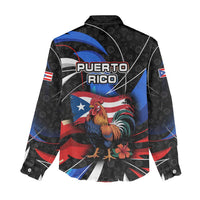 Puerto Rico Rooster Women Casual Shirt with Flag Design and Tropical Hibiscus Flowers
