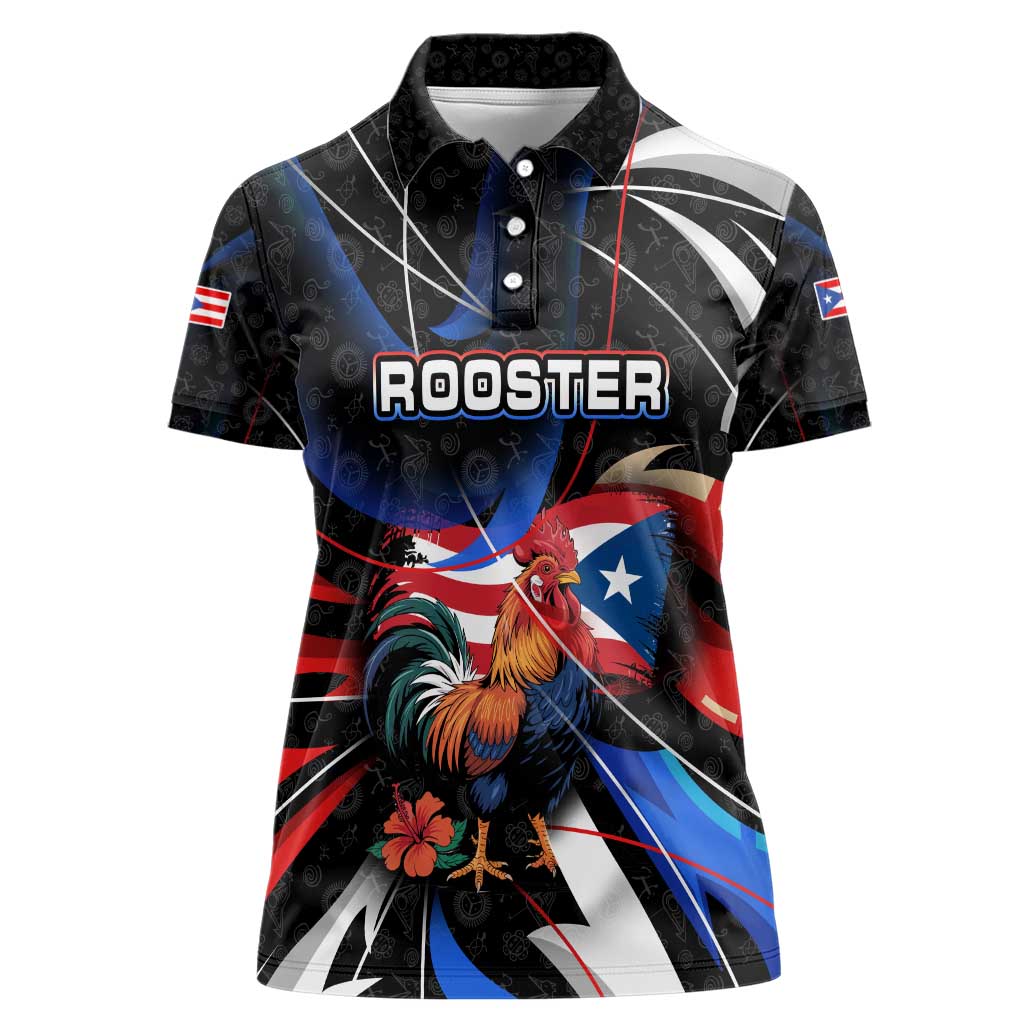 Puerto Rico Rooster Women Polo Shirt with Flag Design and Tropical Hibiscus Flowers