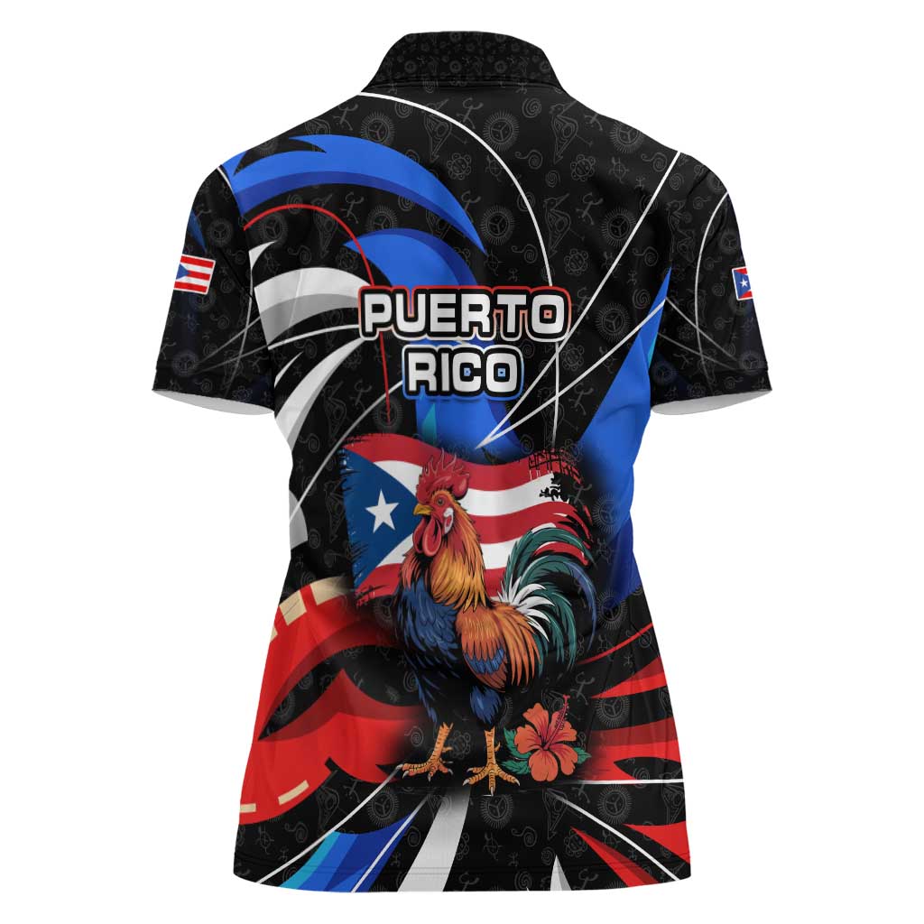 Puerto Rico Rooster Women Polo Shirt with Flag Design and Tropical Hibiscus Flowers