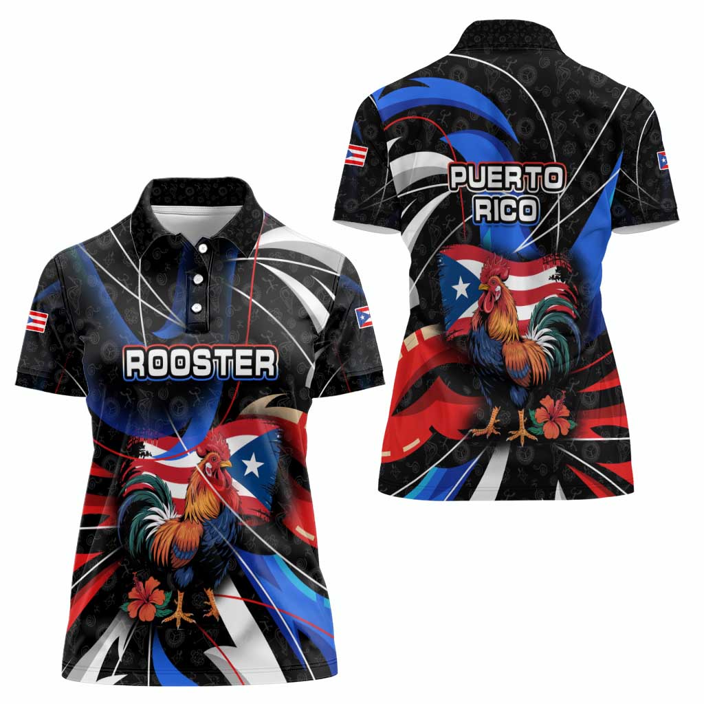 Puerto Rico Rooster Women Polo Shirt with Flag Design and Tropical Hibiscus Flowers