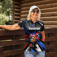 Puerto Rico Rooster Women Polo Shirt with Flag Design and Tropical Hibiscus Flowers