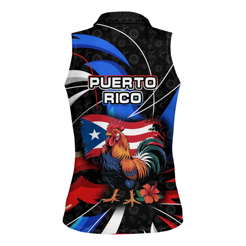 Puerto Rico Rooster Women Sleeveless Polo Shirt with Flag Design and Tropical Hibiscus Flowers
