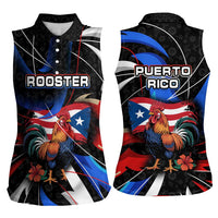 Puerto Rico Rooster Women Sleeveless Polo Shirt with Flag Design and Tropical Hibiscus Flowers