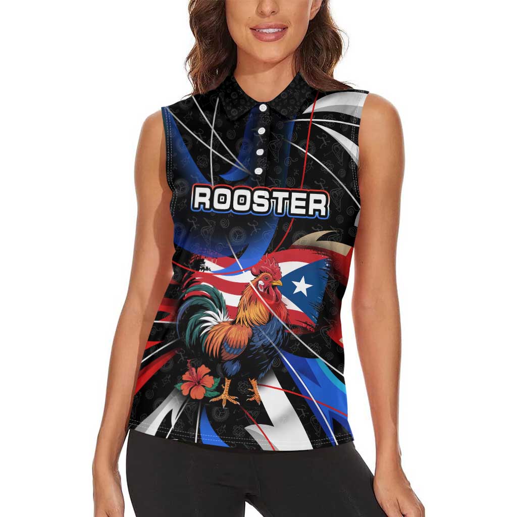 Puerto Rico Rooster Women Sleeveless Polo Shirt with Flag Design and Tropical Hibiscus Flowers