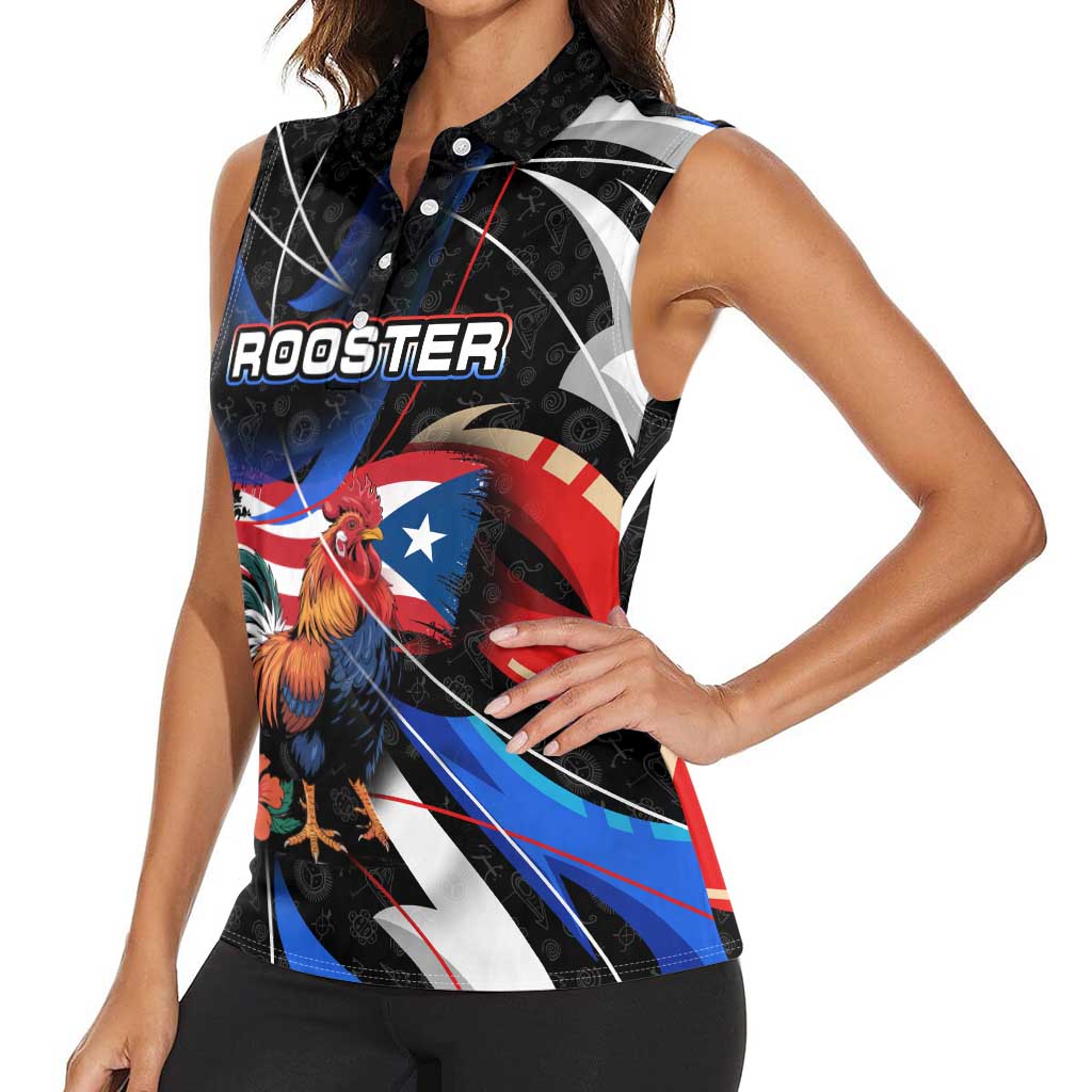 Puerto Rico Rooster Women Sleeveless Polo Shirt with Flag Design and Tropical Hibiscus Flowers