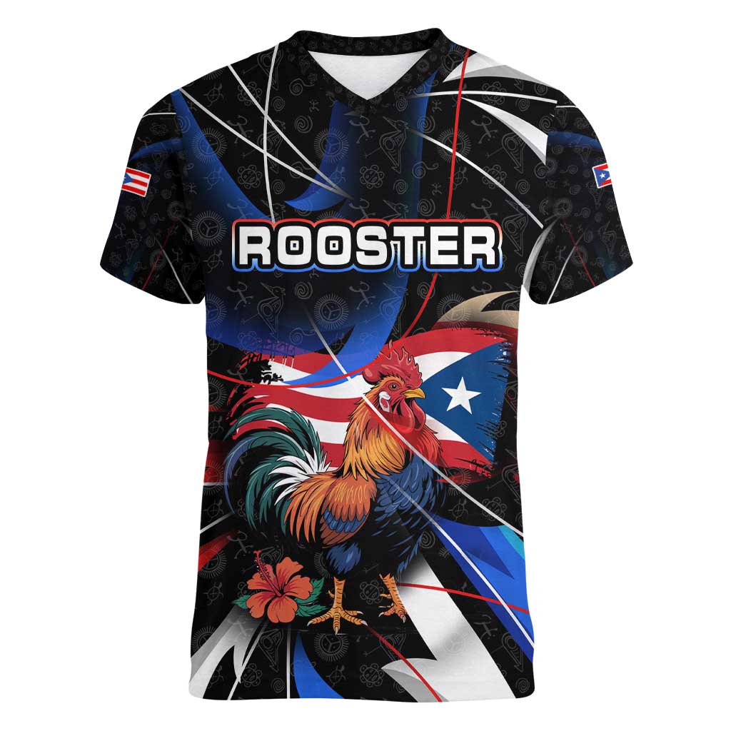 Puerto Rico Rooster Women V-Neck T-Shirt with Flag Design and Tropical Hibiscus Flowers