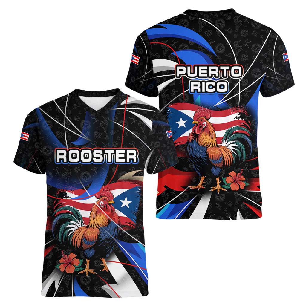 Puerto Rico Rooster Women V-Neck T-Shirt with Flag Design and Tropical Hibiscus Flowers