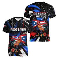 Puerto Rico Rooster Women V-Neck T-Shirt with Flag Design and Tropical Hibiscus Flowers