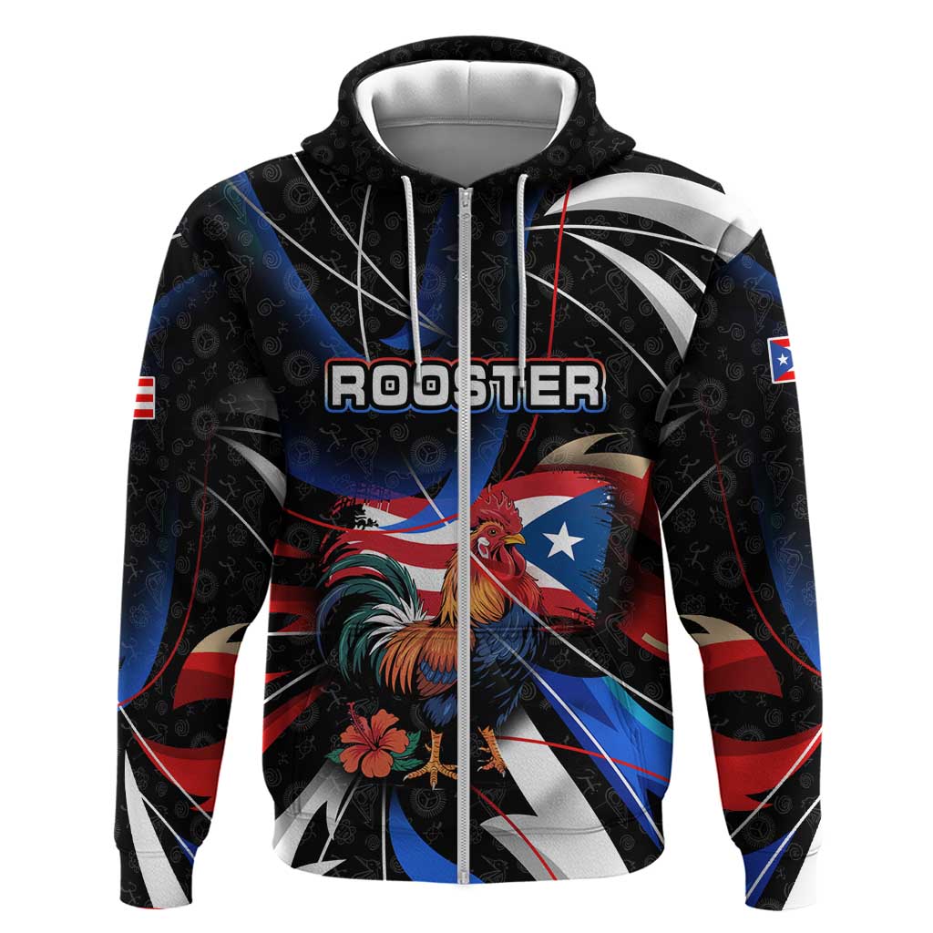 Puerto Rico Rooster Zip Hoodie with Flag Design and Tropical Hibiscus Flowers