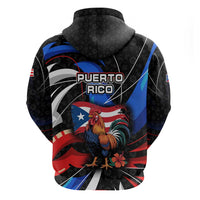 Puerto Rico Rooster Zip Hoodie with Flag Design and Tropical Hibiscus Flowers