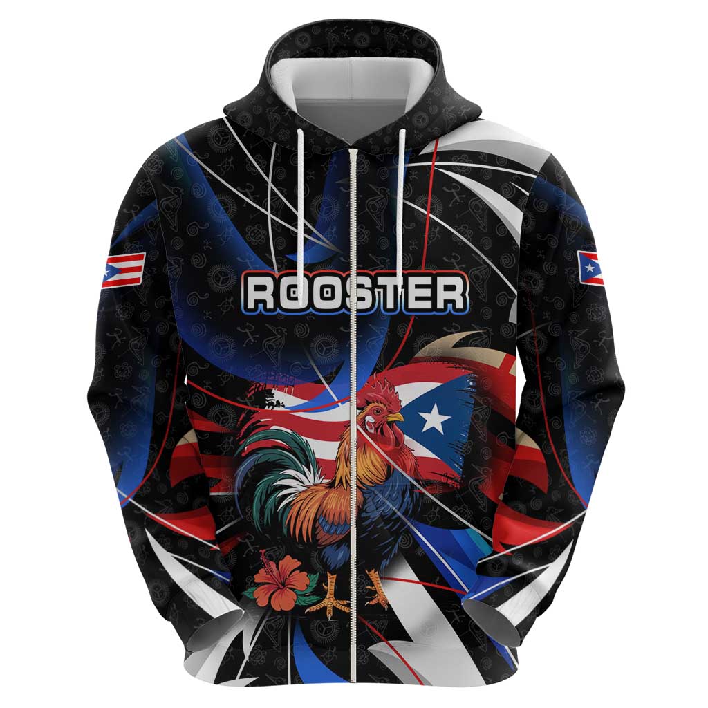 Puerto Rico Rooster Zip Hoodie with Flag Design and Tropical Hibiscus Flowers
