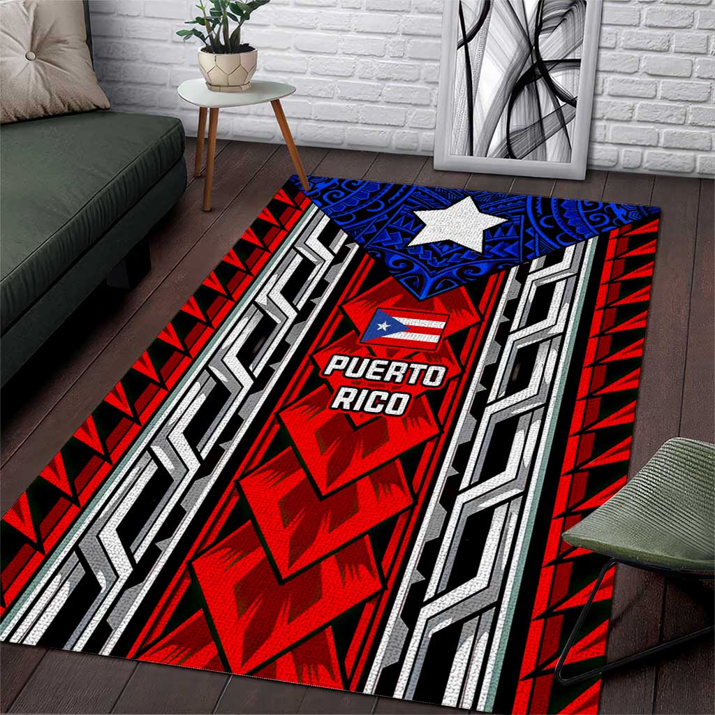Puerto Rico Area Rug with Tribal Patterns, Flag Emblem, and Taino Symbol Design