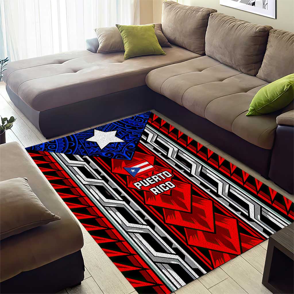 Puerto Rico Area Rug with Tribal Patterns, Flag Emblem, and Taino Symbol Design