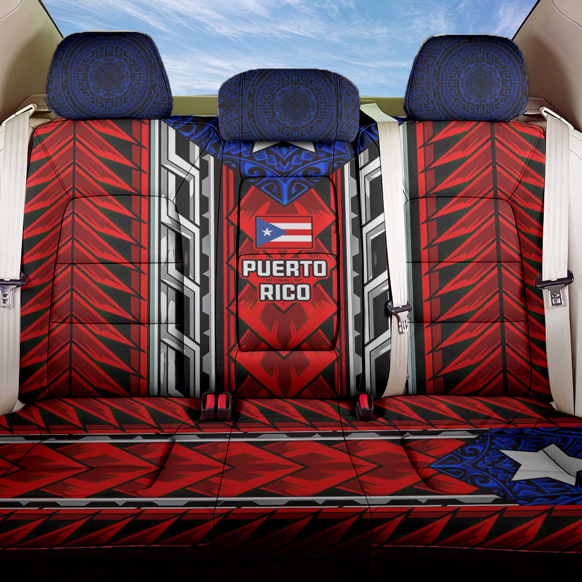 Puerto Rico Back Car Seat Cover with Tribal Patterns, Flag Emblem, and Taino Symbol Design