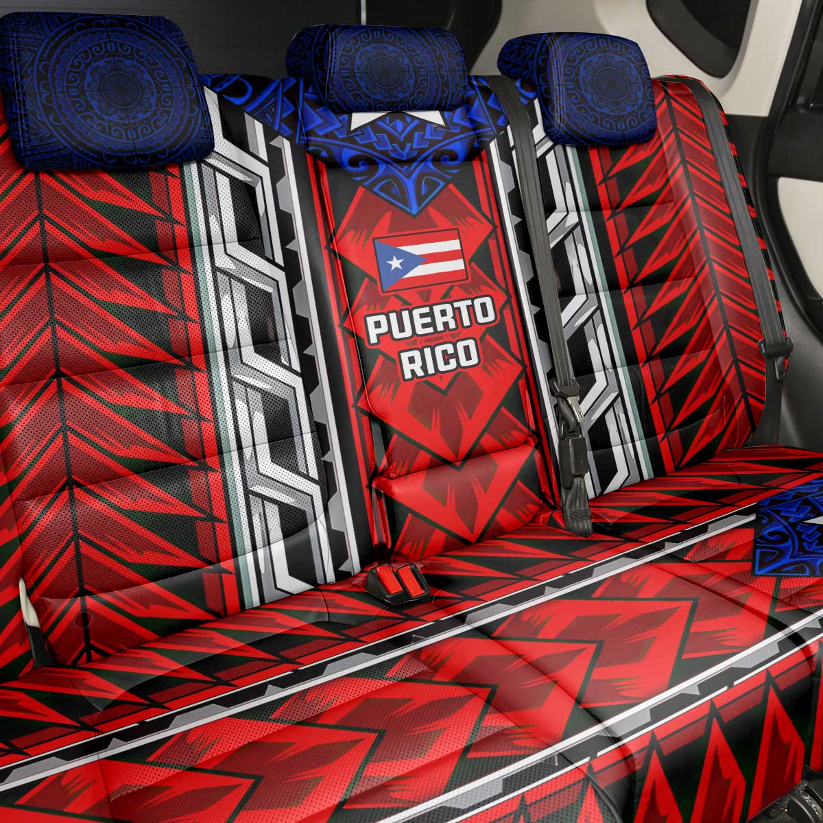 Puerto Rico Back Car Seat Cover with Tribal Patterns, Flag Emblem, and Taino Symbol Design