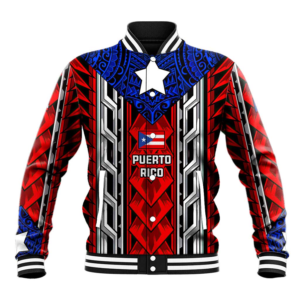 Puerto Rico Baseball Jacket with Tribal Patterns, Flag Emblem, and Taino Symbol Design