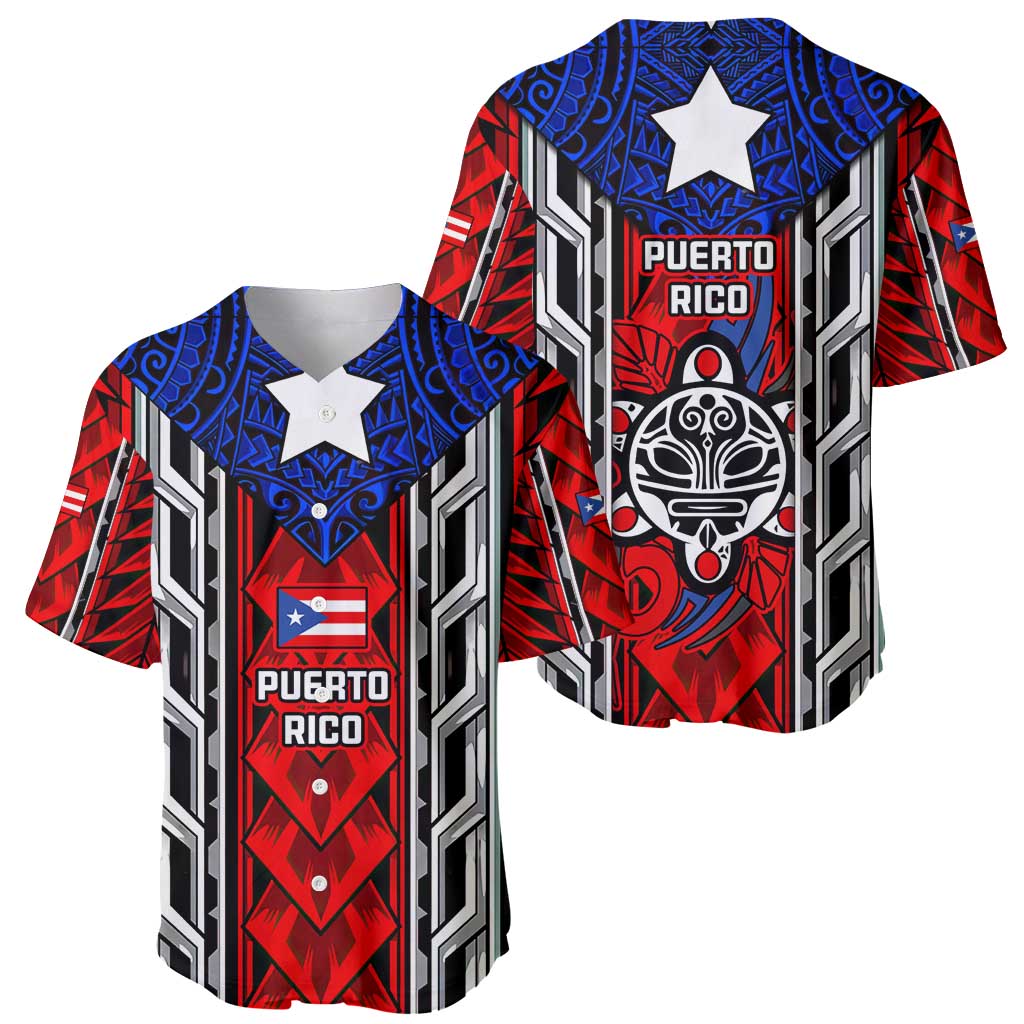 Puerto Rico Baseball Jersey with Tribal Patterns, Flag Emblem, and Taino Symbol Design