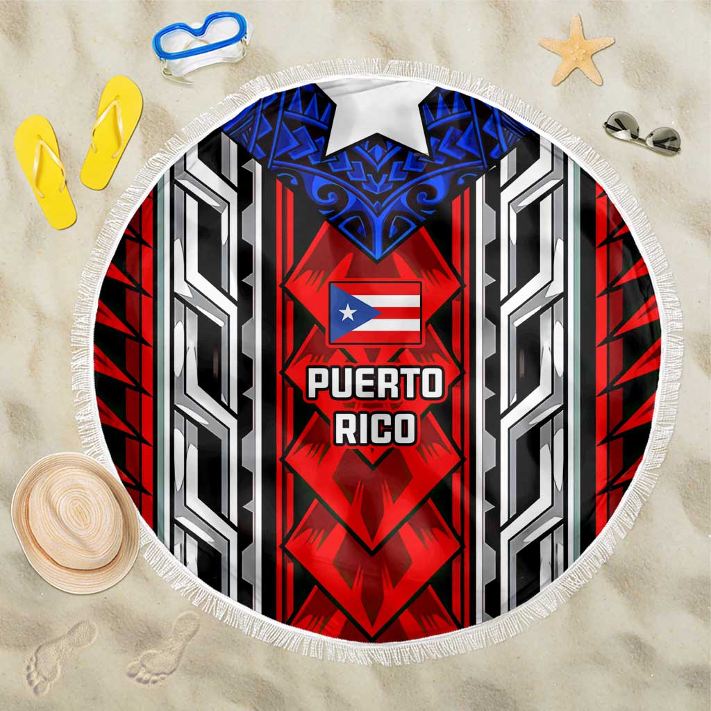 Puerto Rico Beach Blanket with Tribal Patterns, Flag Emblem, and Taino Symbol Design