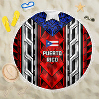 Puerto Rico Beach Blanket with Tribal Patterns, Flag Emblem, and Taino Symbol Design
