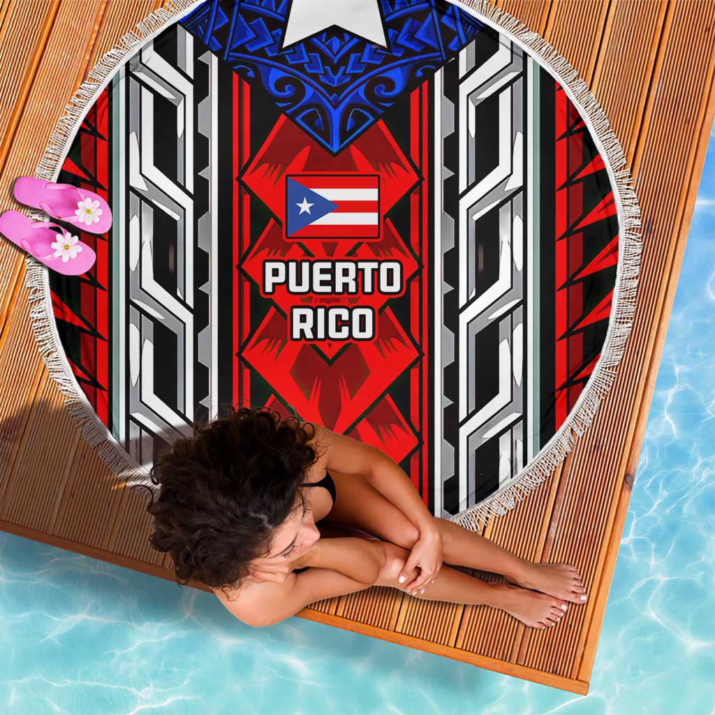 Puerto Rico Beach Blanket with Tribal Patterns, Flag Emblem, and Taino Symbol Design
