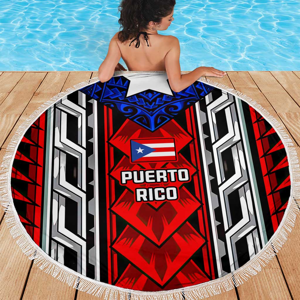 Puerto Rico Beach Blanket with Tribal Patterns, Flag Emblem, and Taino Symbol Design