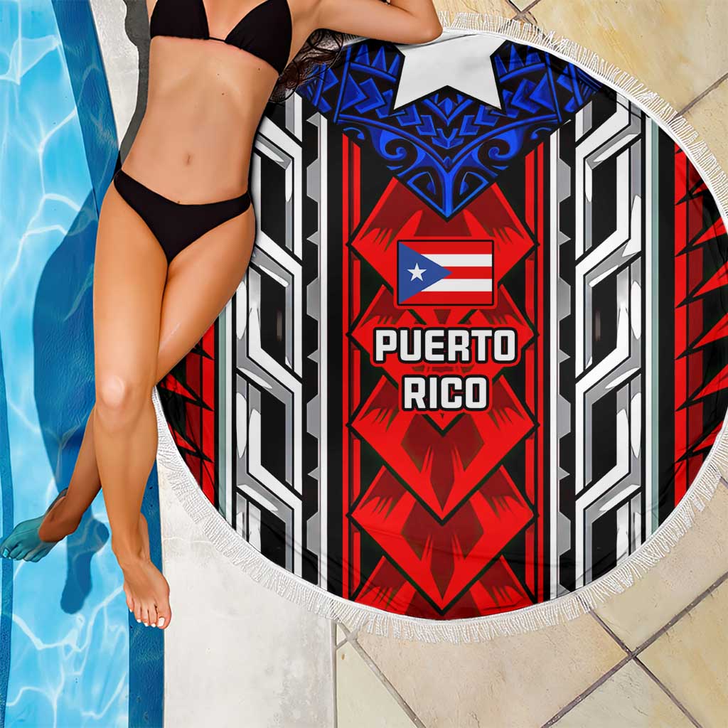 Puerto Rico Beach Blanket with Tribal Patterns, Flag Emblem, and Taino Symbol Design