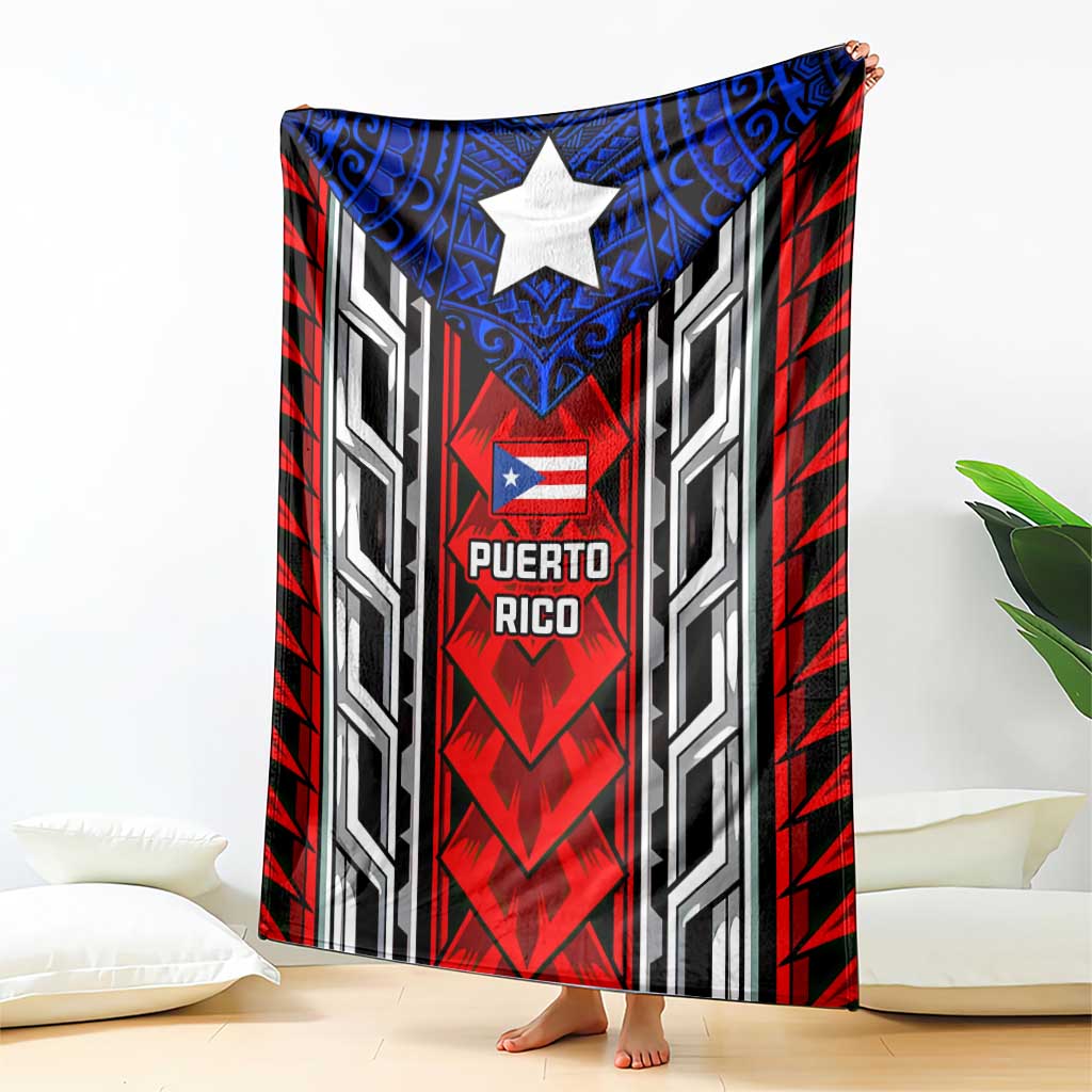 Puerto Rico Blanket with Tribal Patterns, Flag Emblem, and Taino Symbol Design