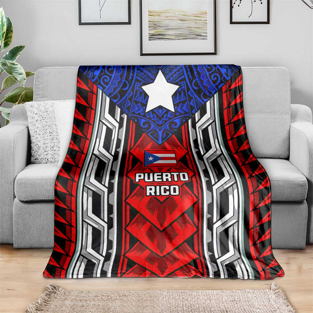 Puerto Rico Blanket with Tribal Patterns, Flag Emblem, and Taino Symbol Design