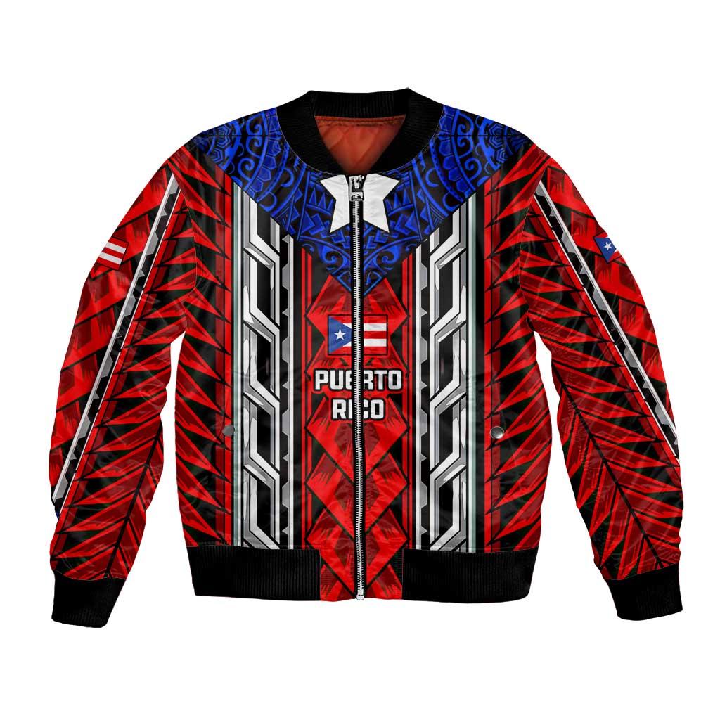 Puerto Rico Bomber Jacket with Tribal Patterns, Flag Emblem, and Taino Symbol Design