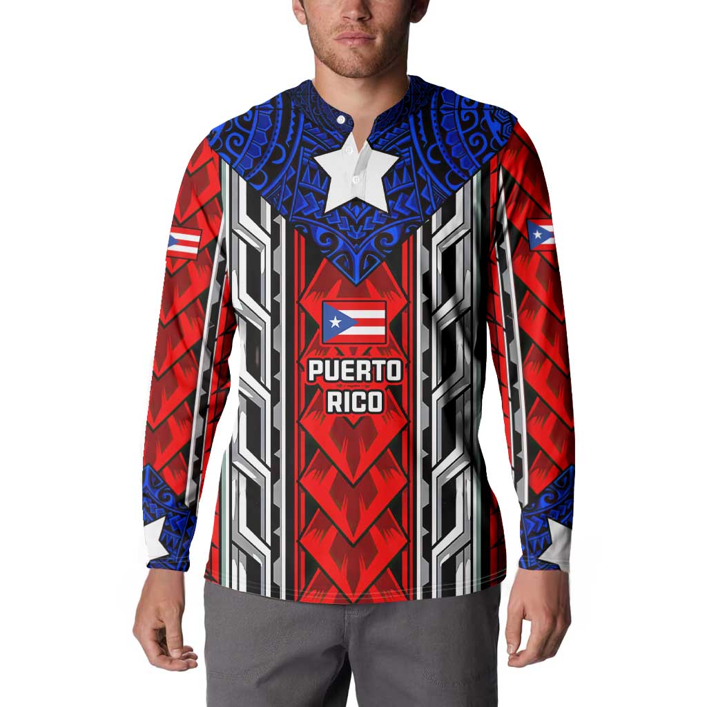 Puerto Rico Button Sweatshirt with Tribal Patterns, Flag Emblem, and Taino Symbol Design