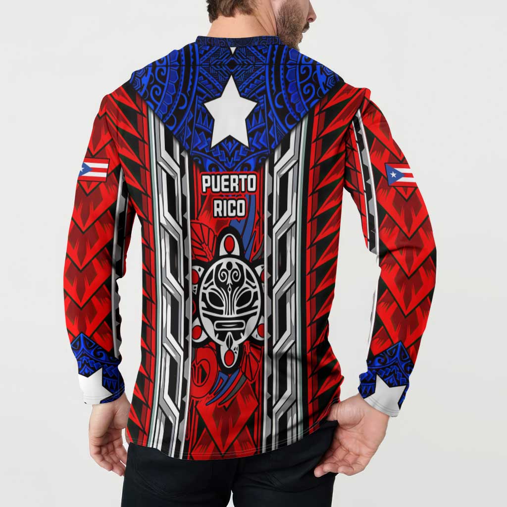 Puerto Rico Button Sweatshirt with Tribal Patterns, Flag Emblem, and Taino Symbol Design