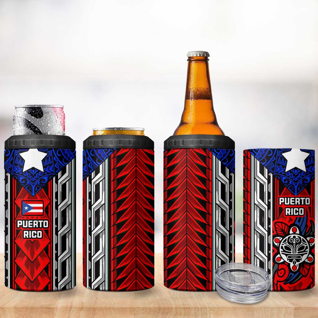 Puerto Rico 4 in 1 Can Cooler Tumbler with Tribal Patterns, Flag Emblem, and Taino Symbol Design