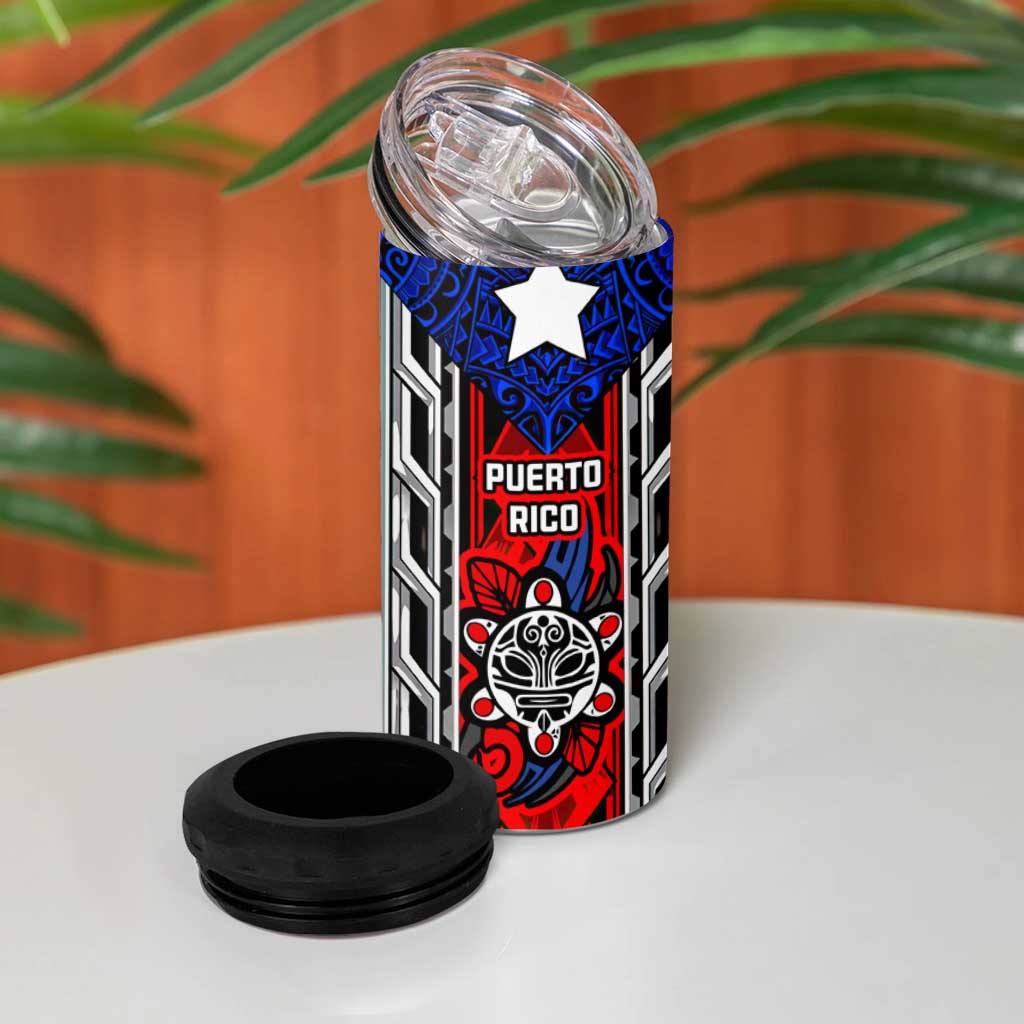 Puerto Rico 4 in 1 Can Cooler Tumbler with Tribal Patterns, Flag Emblem, and Taino Symbol Design