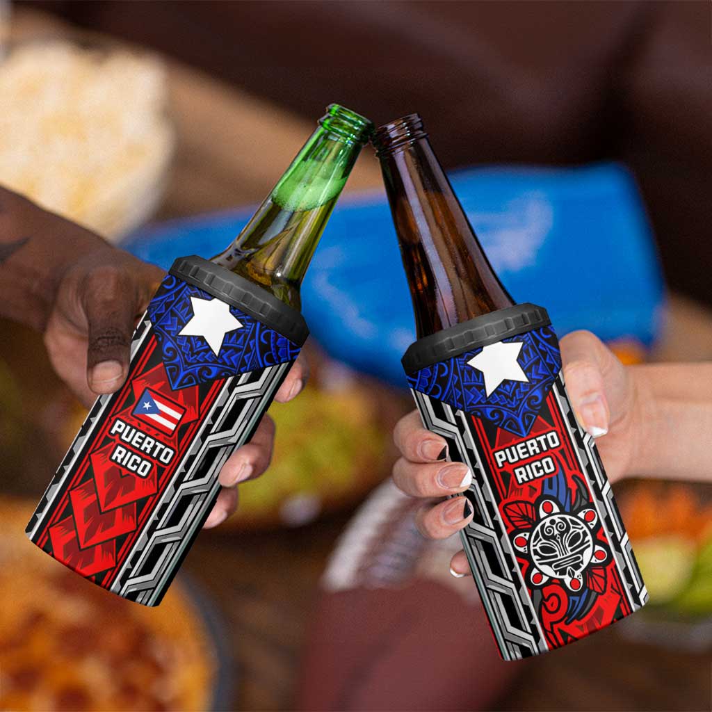 Puerto Rico 4 in 1 Can Cooler Tumbler with Tribal Patterns, Flag Emblem, and Taino Symbol Design