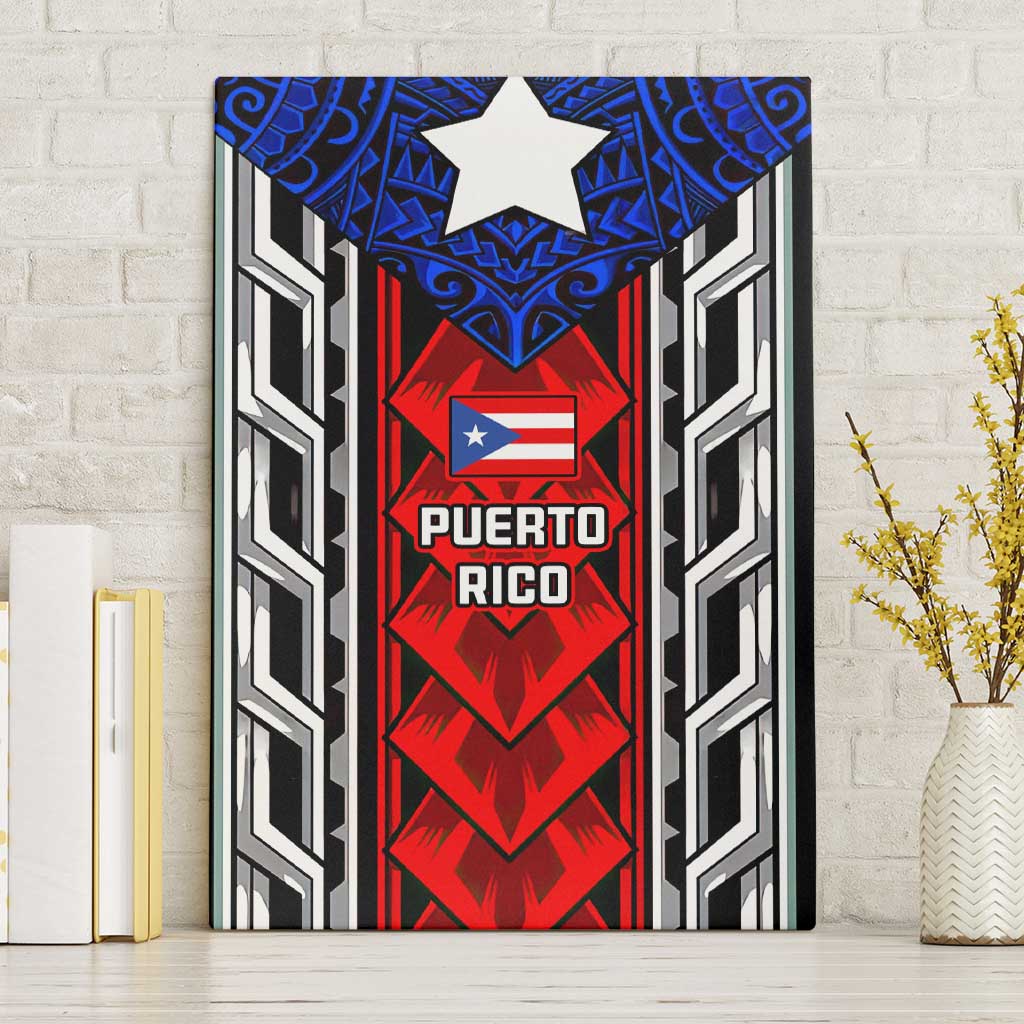 Puerto Rico Canvas Wall Art with Tribal Patterns, Flag Emblem, and Taino Symbol Design